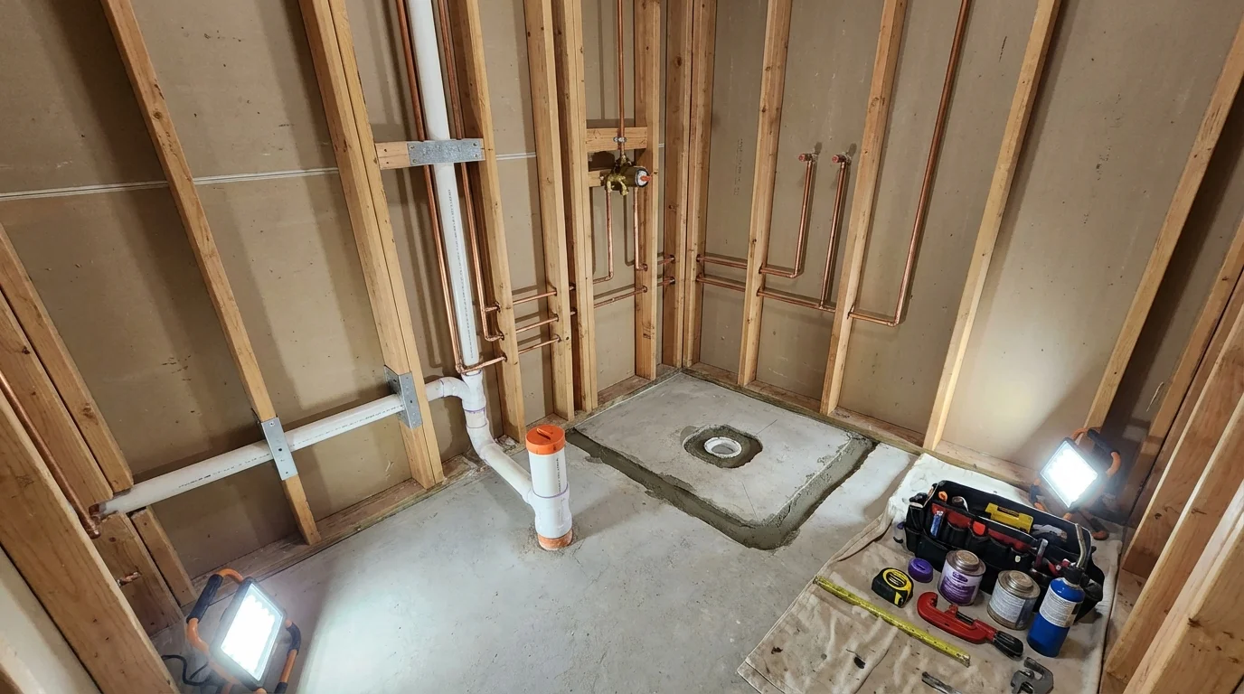 Bathroom rough-in plumbing during remodel by Johns Plumbing LLC in Coshocton