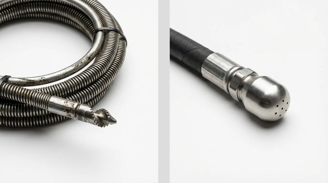 Drain snake cable and hydro jetting nozzle used for drain cleaning in Coshocton, OH