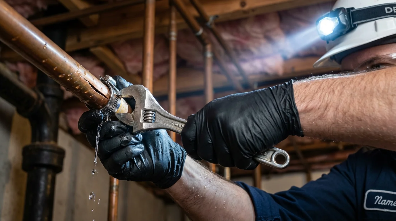 Emergency pipe clamp repair being performed by a Johns Plumbing LLC plumber in Coshocton