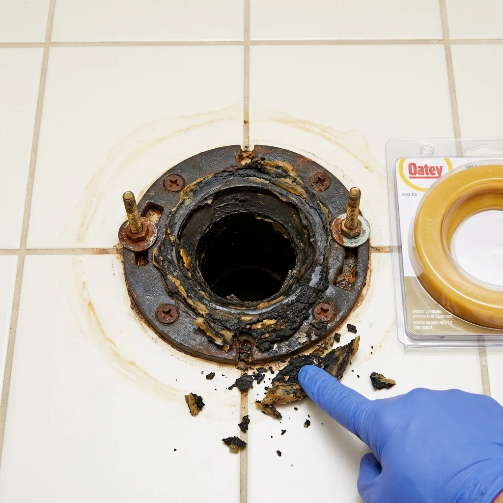 Failed wax ring showing water seepage at the base of a toilet in a Coshocton, OH home