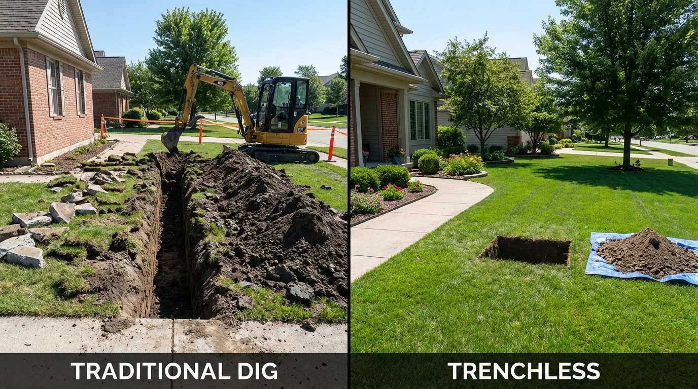 Trenchless sewer repair with minimal yard damage versus traditional excavation in Coshocton, OH