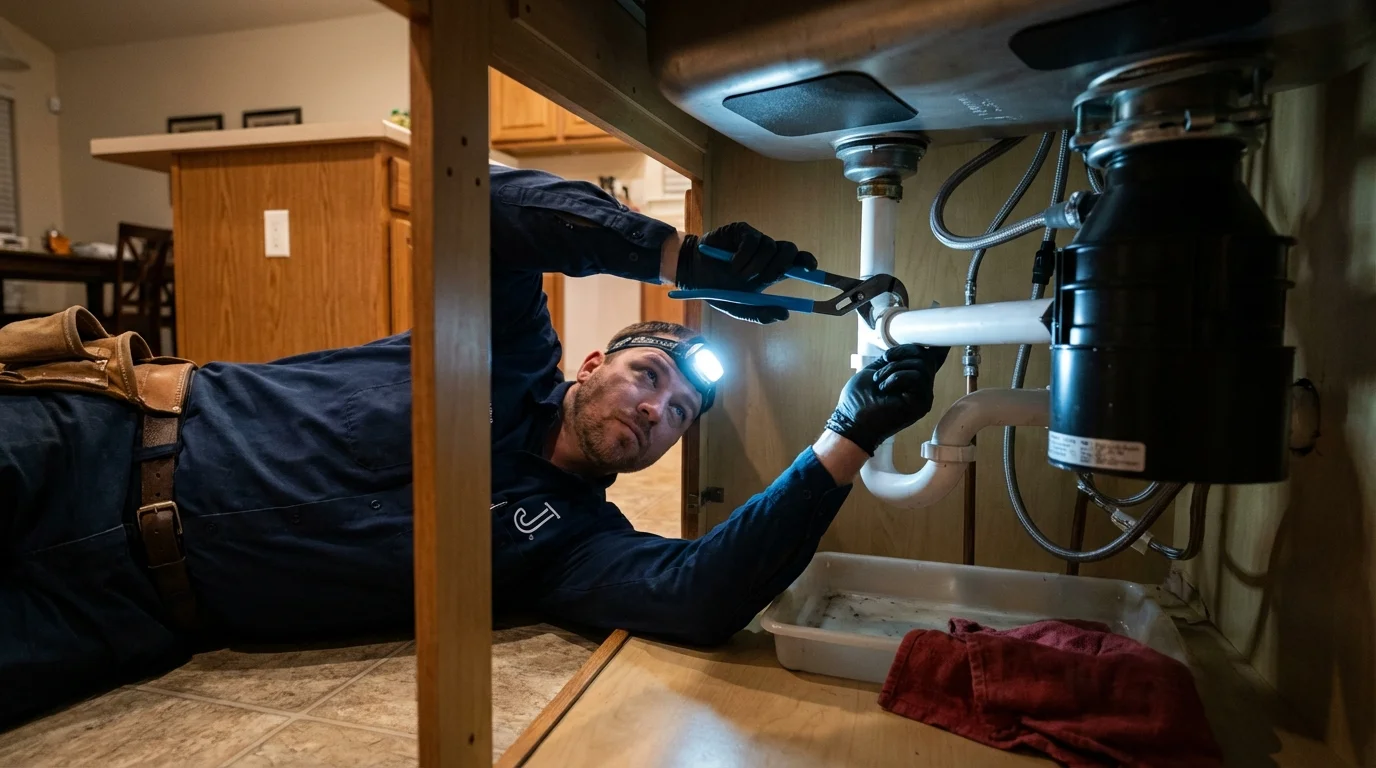 P-trap and supply line connections under a kitchen sink showing a common leak point in Coshocton, OH